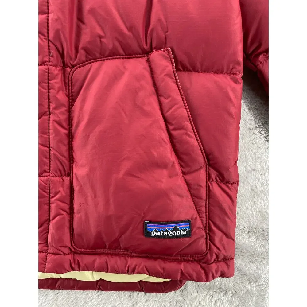 Patagonia Kids Down Puffer Jacket Hooded Burgundy Blue XS 5-6 Winter Coat